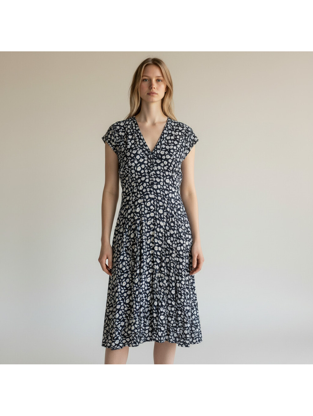 Robbie Bee Dress Women 12 Blue Floral Sheath Midi Zipper V-Neck Short Sleeve